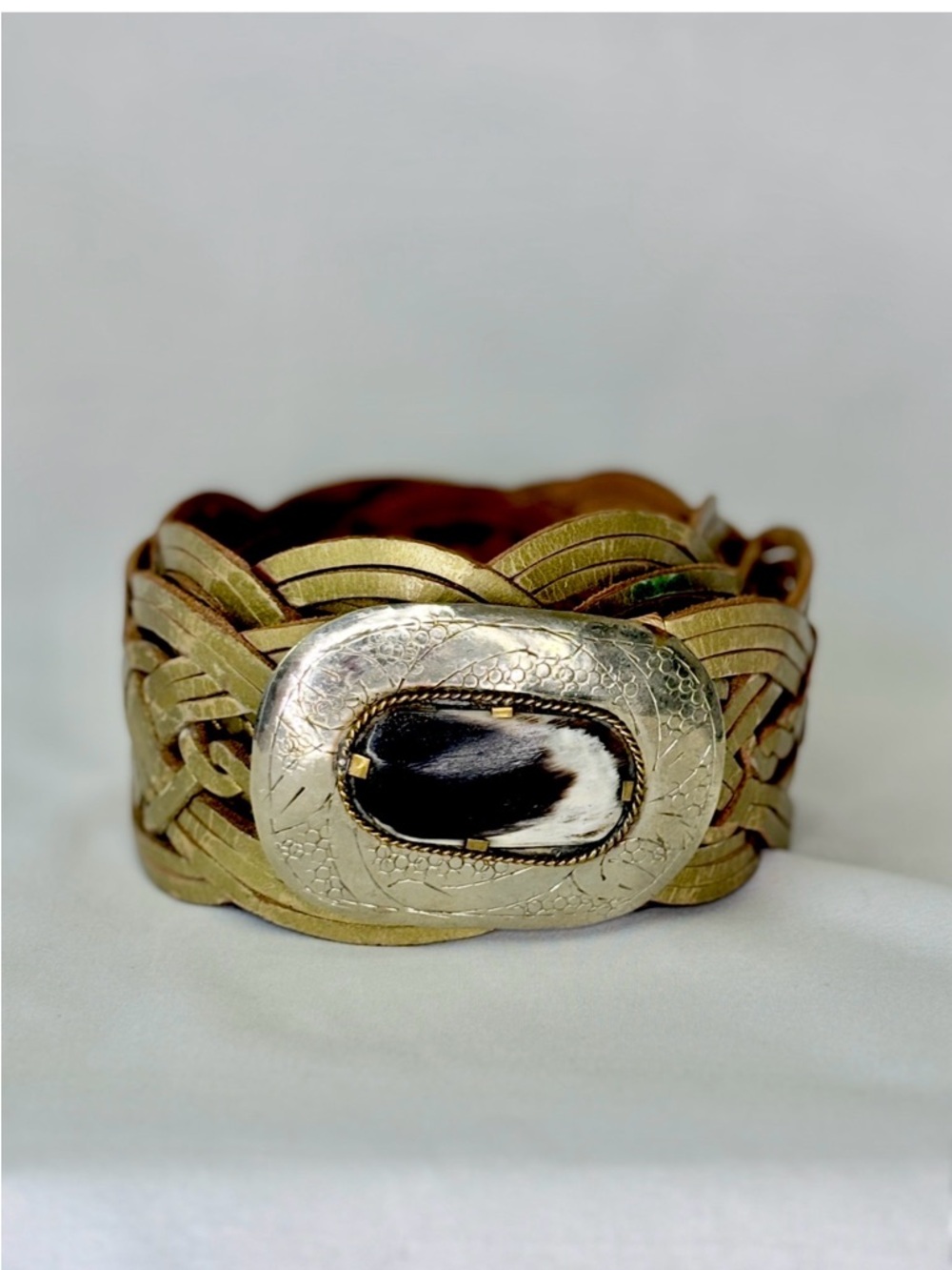 Miss June Handmade Gold Braided Leather Belt with Black and White Stone Buckle